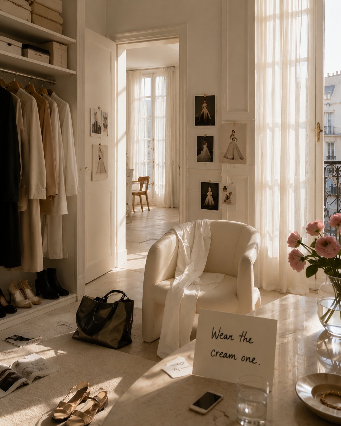 A sunlit atelier with cream garments on a rail, couture photographs on the wall and a handwritten note reading “Wear the cream one.”