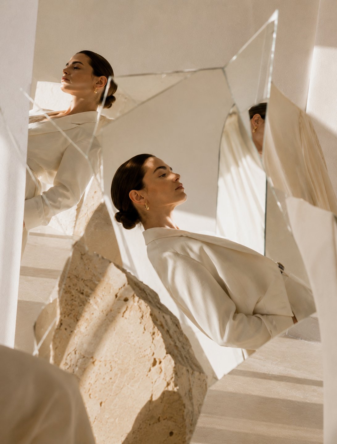A woman in ivory tailoring reflected across fragments of broken mirror resting against limestone, in warm morning light.