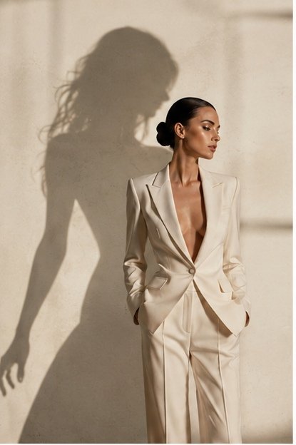 A woman in a cream tailored suit against a sunlit plaster wall, her shadow cast behind her with loose flowing hair.
